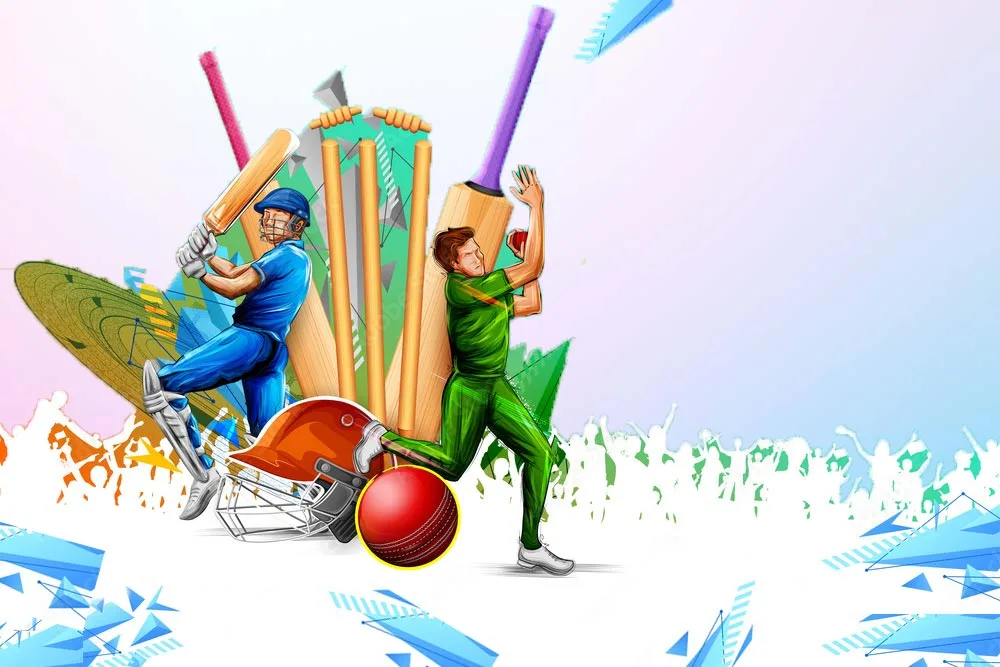A colorful, abstract illustration of a batsman and bowler in action, used as a background for an online cricket id website.