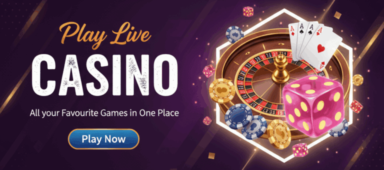 A promotional graphic inviting users with an online cricket id to "Play Live CASINO" and see all their favorite games.